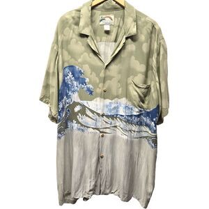 Paradise Found Hawaiian Shirt Size 3XL Rayon Tidal Wave Surf Beige Vintage